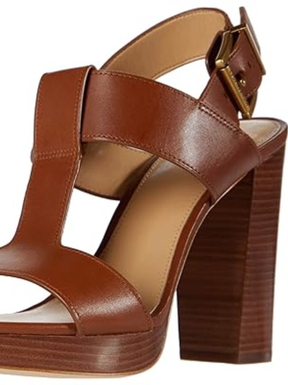 Michael Kors Brown Leather Becker T Strap Platform High Heel Sandals Size 6.5 - Picture 2 of 2